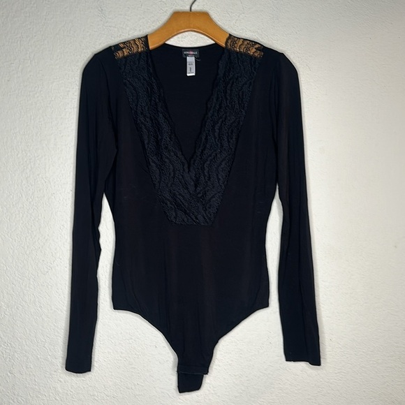 Cosabella Deep V Plunge Long Sleeve Bodysuit Black Size Medium Romantic Classic - Picture 2 of 7